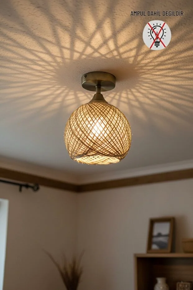 Bohem Recycle İplik Jüt El Yapımı Bej Piramit Plafonyer Başlık Tekli Modern Aydınlatma